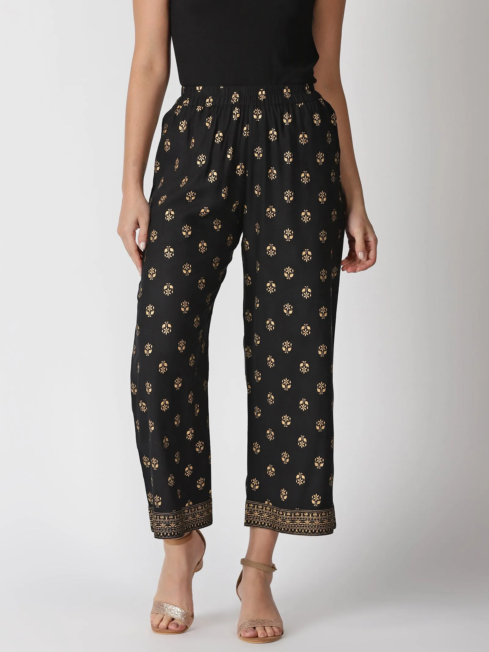 Black Ethnic Motifs Gold Printed Palazzos