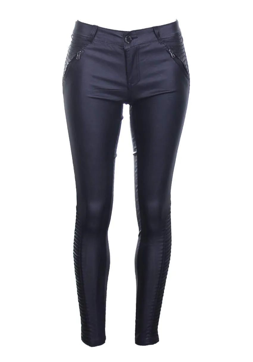 Black Ribbed Leather Look Skinny Jeans