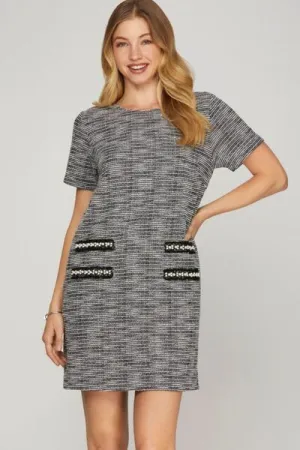 Black Short Sleeve Pearl Studded Trim Knit Tweed Dress