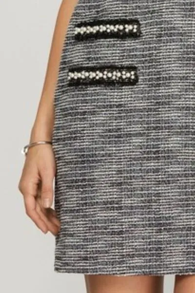 Black Short Sleeve Pearl Studded Trim Knit Tweed Dress
