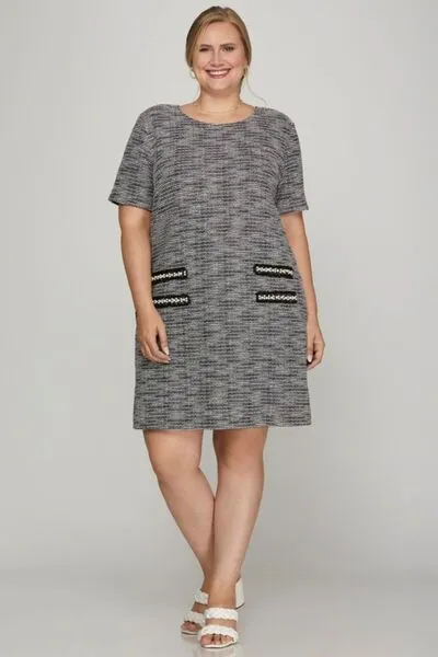 Black Short Sleeve Pearl Studded Trim Knit Tweed Dress