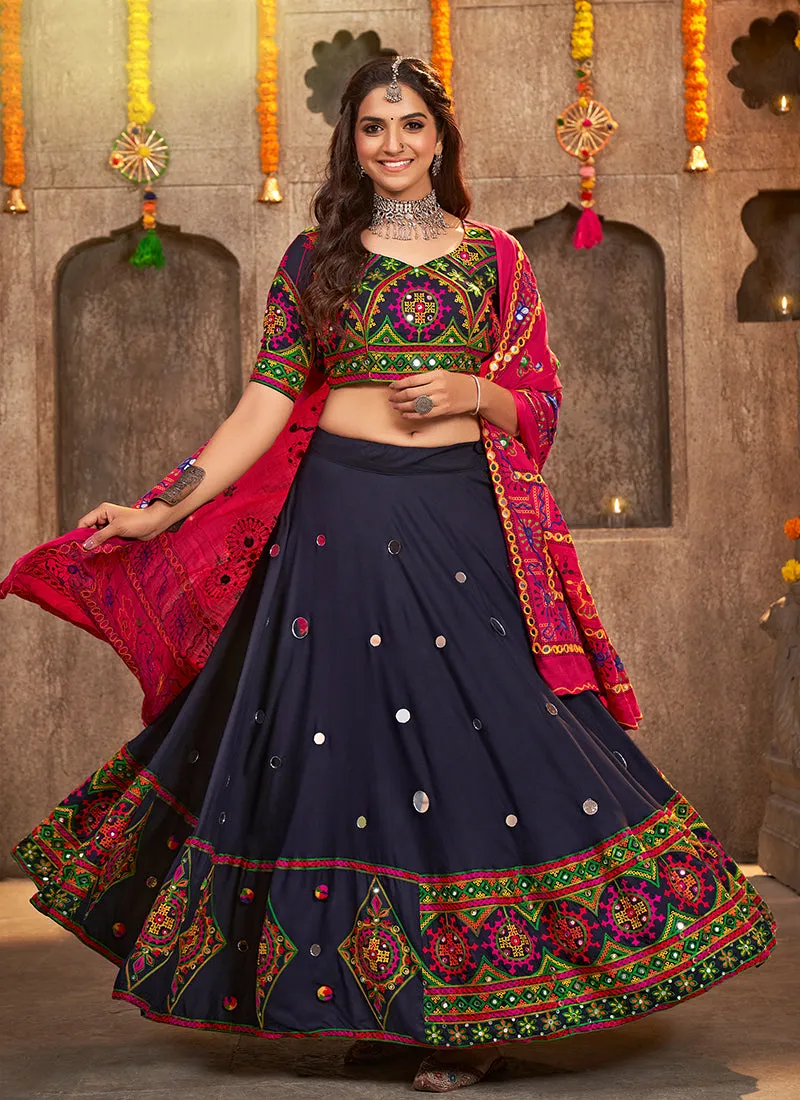 Blue And Pink Kutchi Embroidered Rajwadi Chaniya Choli