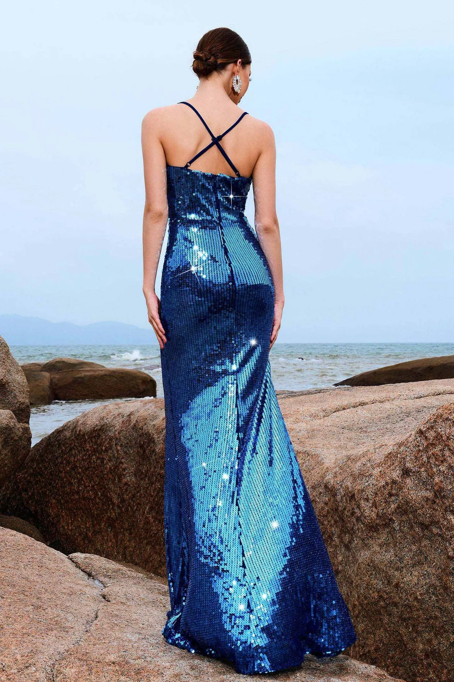 Blue Sequins Split Party Dress