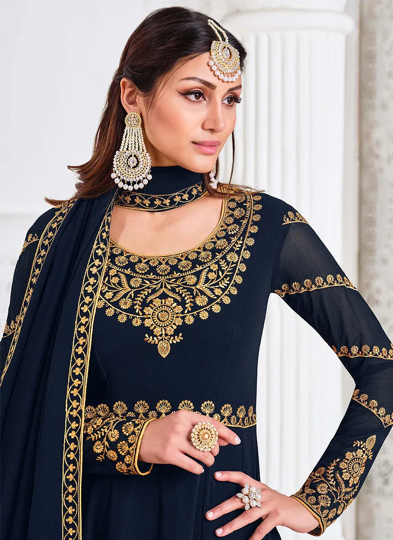 Blue Traditional Zari Embroidered Slit Style Pant Suit