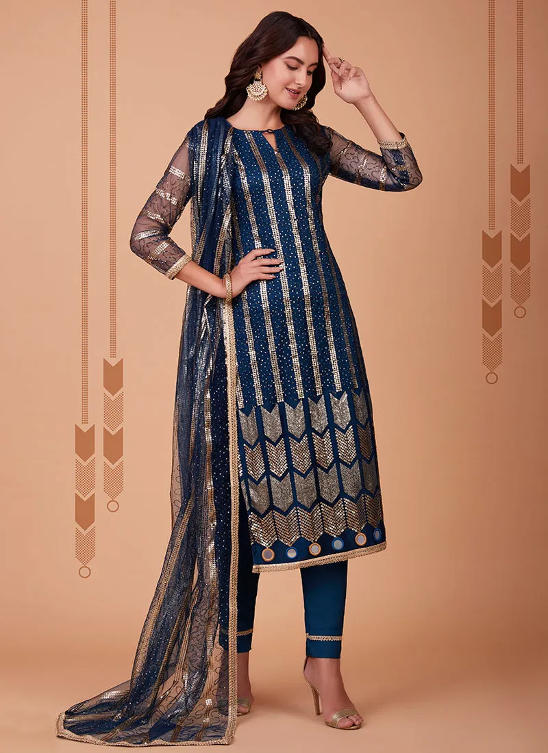 Blue Zari And Sequence Embroidery Pant Style Suit