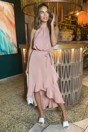 Blush Halterneck Dipped Hem Midi Dress