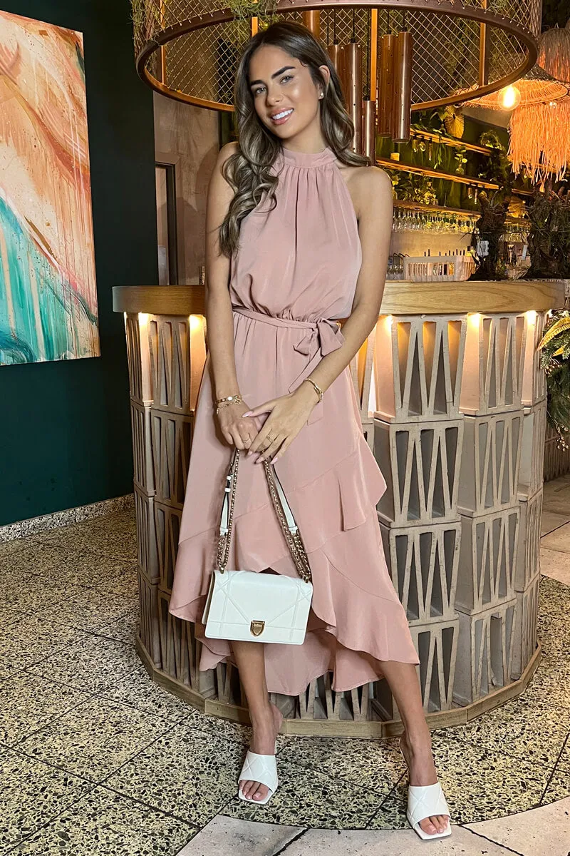 Blush Halterneck Dipped Hem Midi Dress