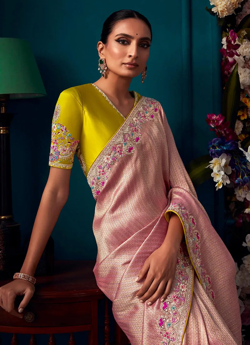 Blush Pink Multi Embroidered Traditional Silk Saree