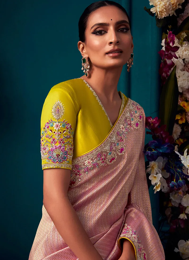 Blush Pink Multi Embroidered Traditional Silk Saree