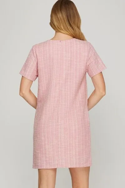 Blush Pink Short Sleeve Pearl Studded Trim Knit Tweed Dress