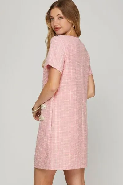 Blush Pink Short Sleeve Pearl Studded Trim Knit Tweed Dress