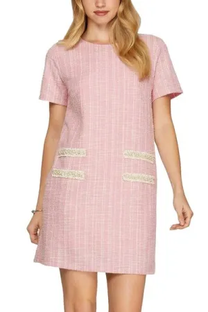 Blush Pink Short Sleeve Pearl Studded Trim Knit Tweed Dress