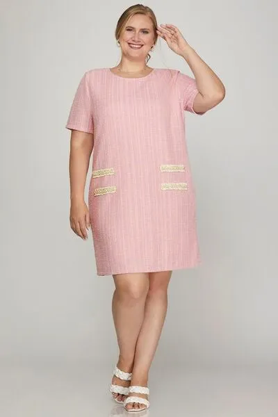 Blush Pink Short Sleeve Pearl Studded Trim Knit Tweed Dress