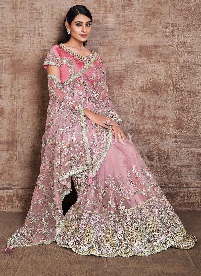 Blush Pink Traditional Zari Embroidered Party Wear Saree