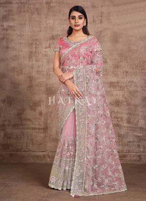Blush Pink Traditional Zari Embroidered Party Wear Saree