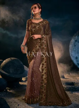 Brown Golden Sequence Embroidered Festive Saree