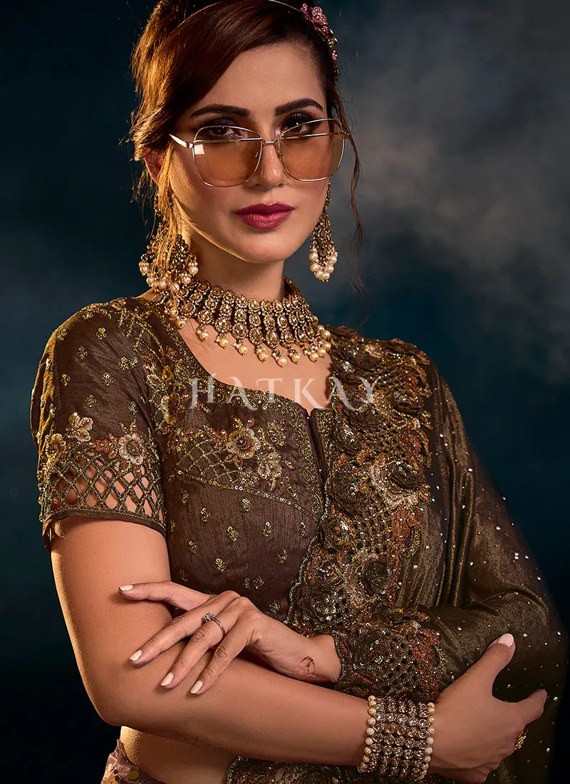 Brown Golden Sequence Embroidered Festive Saree