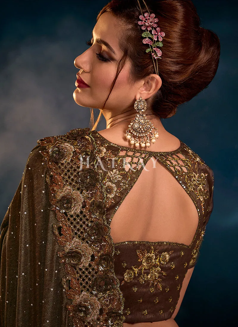 Brown Golden Sequence Embroidered Festive Saree