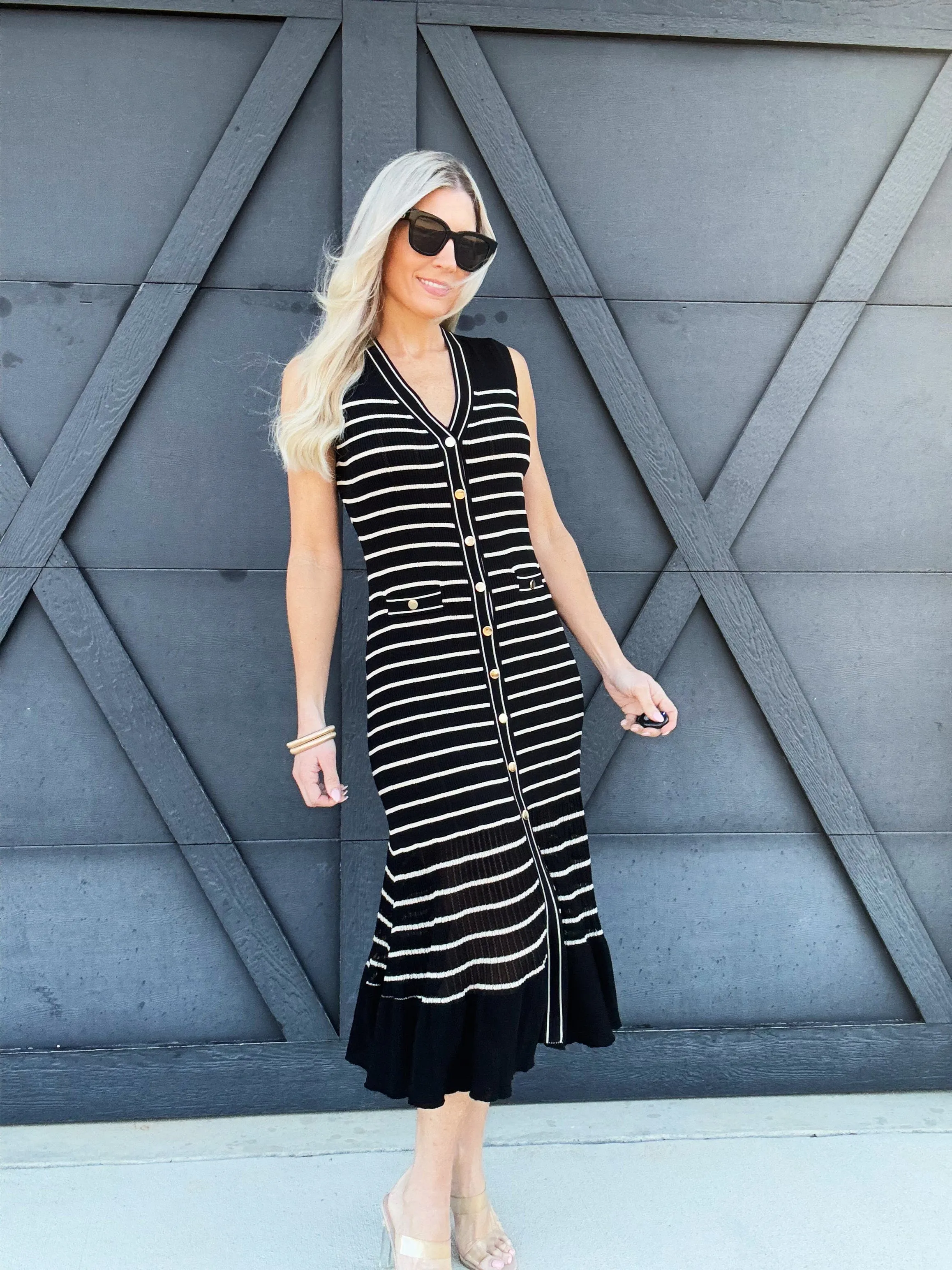 Button Down Stripe Dress In Black