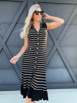 Button Down Stripe Dress In Black