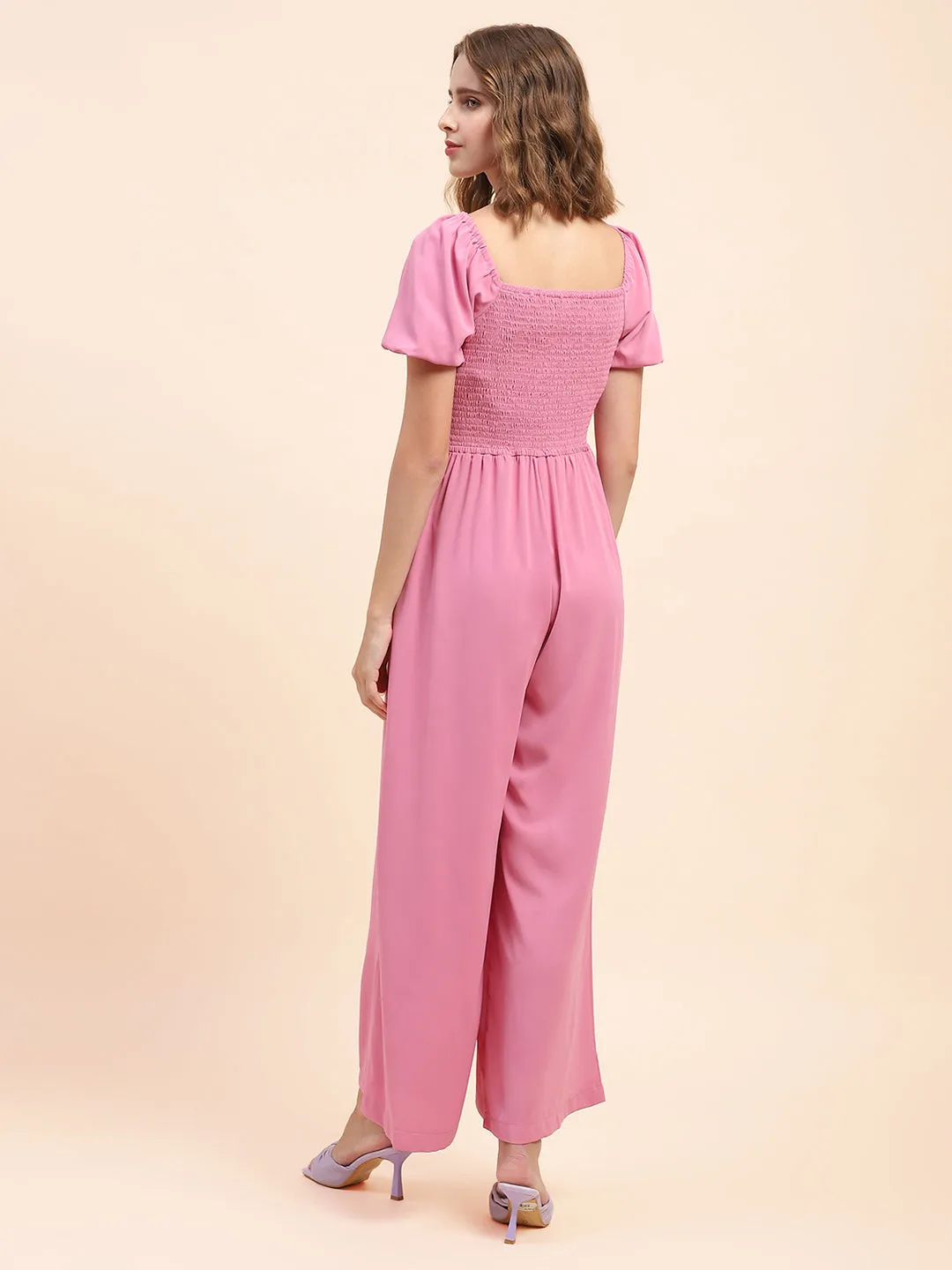Camla Barcelona Puff Sleeve Mauve Smocked Jumpsuit