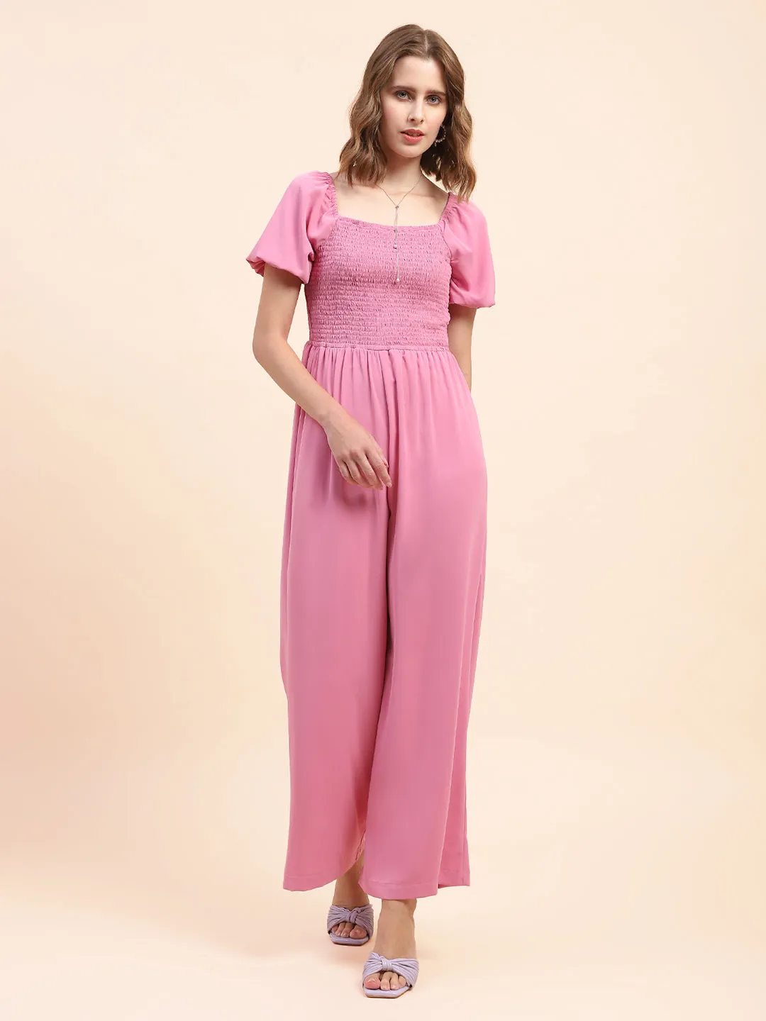 Camla Barcelona Puff Sleeve Mauve Smocked Jumpsuit