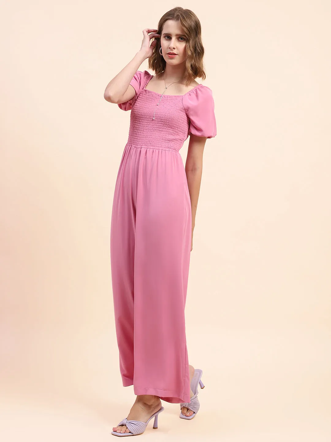 Camla Barcelona Puff Sleeve Mauve Smocked Jumpsuit