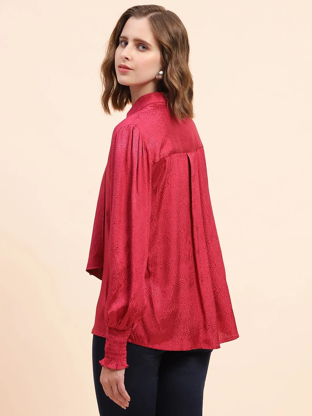 Camla Barcelona Tie-Up Neck Festival Fuchsia Poet Sleeve Top