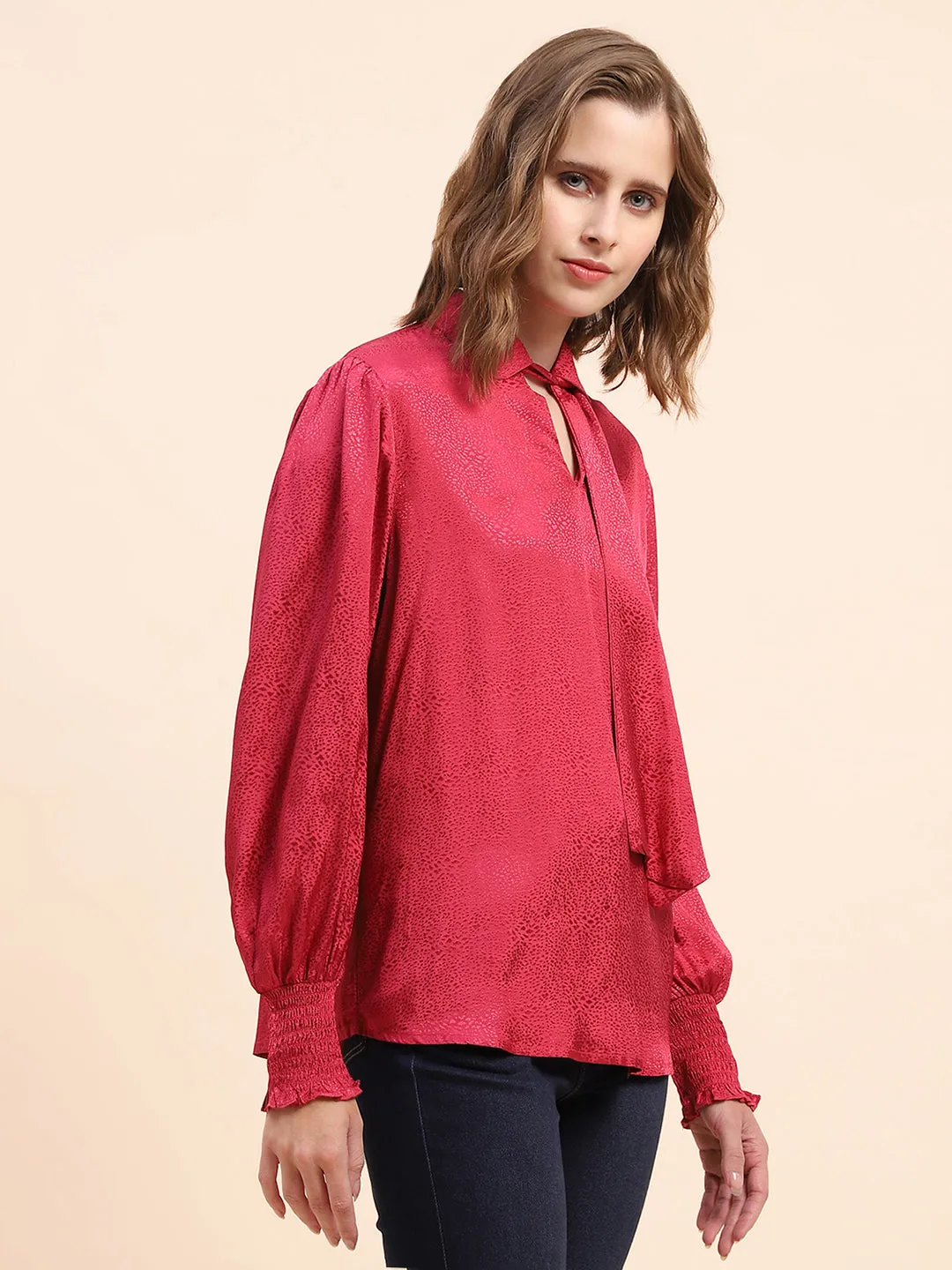 Camla Barcelona Tie-Up Neck Festival Fuchsia Poet Sleeve Top