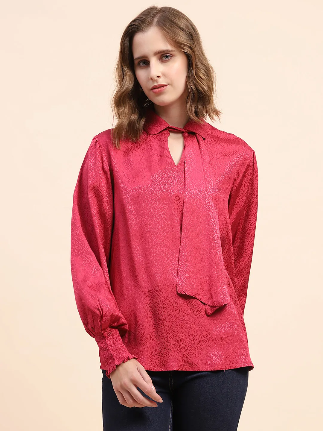 Camla Barcelona Tie-Up Neck Festival Fuchsia Poet Sleeve Top