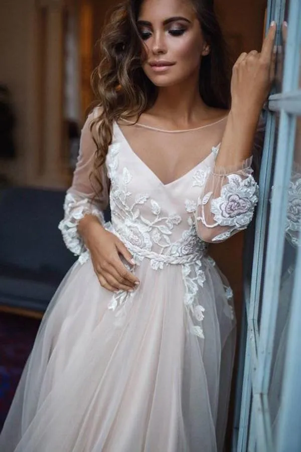 Charming A Line Tulle Sweep Train Long Sleeves Backless Prom Dress with Appliques OHC172