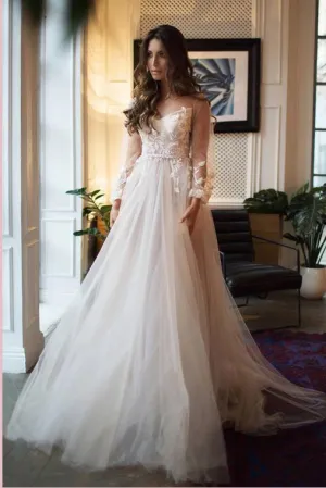 Charming A Line Tulle Sweep Train Long Sleeves Backless Prom Dress with Appliques OHC172
