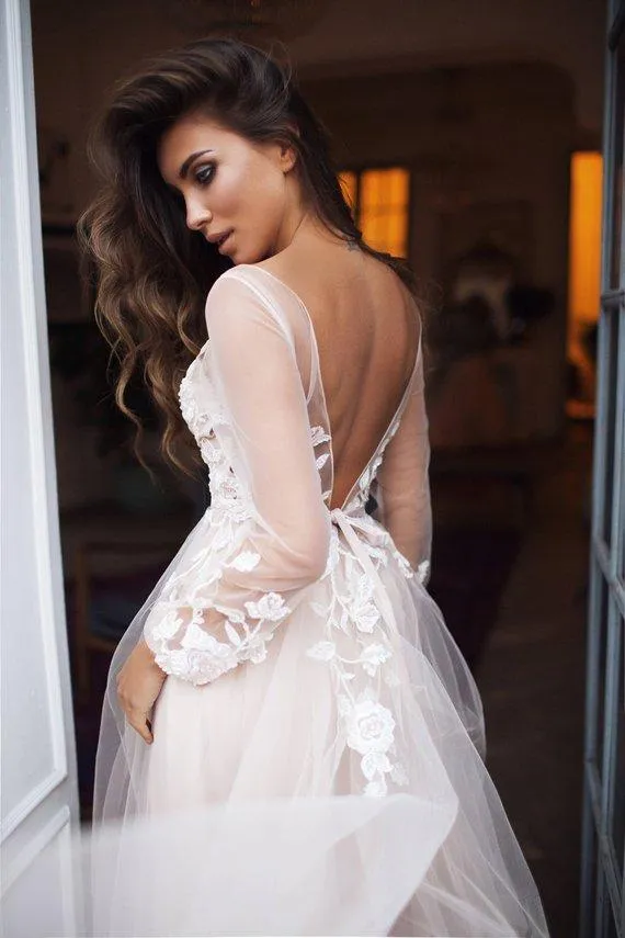 Charming A Line Tulle Sweep Train Long Sleeves Backless Prom Dress with Appliques OHC172