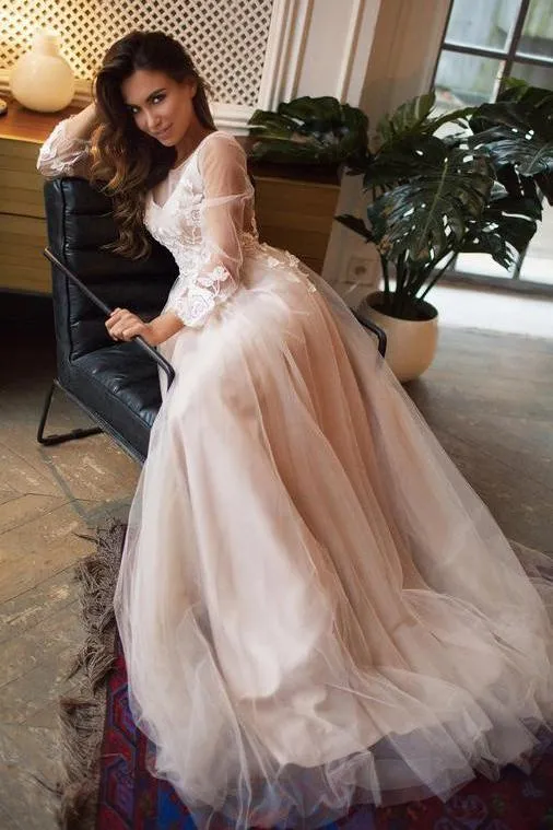 Charming A Line Tulle Sweep Train Long Sleeves Backless Prom Dress with Appliques OHC172