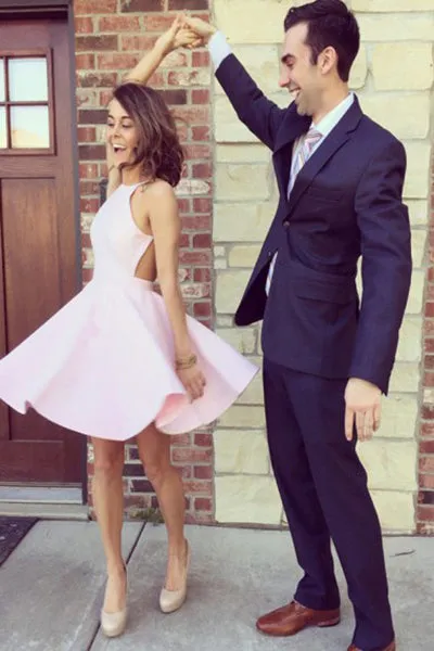 Charming Jewel A-line Short Prom Dress Open Back Pink Homecoming Dress LPD071