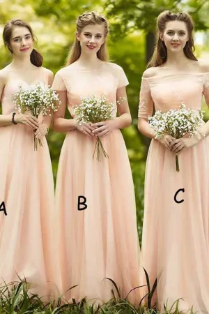 Cheap Beautiful Off-the-shoulder Floor Length Sleeveless Long Chiffon Bridesmaid Dresses with Appliques OHS107