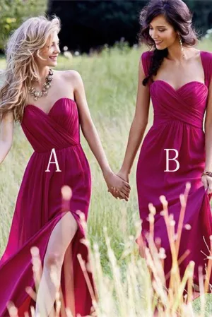 Cheap Sexy A-line Sweetheart Floor Length Sleeveless Chiffon Silt Bridesmaid Dresses with Ruffles OHS110