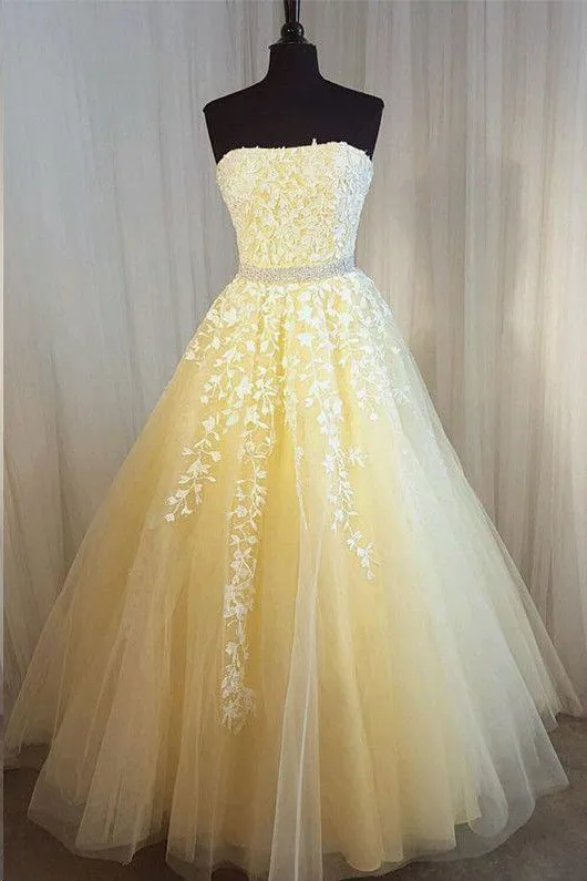 Chic A-line Strapless Floor Length Sleeveless Appliques Long Tulle Prom Dress/Evening Dress OHC229