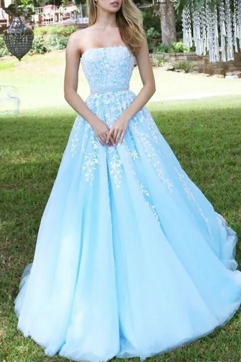 Chic A-line Strapless Floor Length Sleeveless Appliques Long Tulle Prom Dress/Evening Dress OHC229