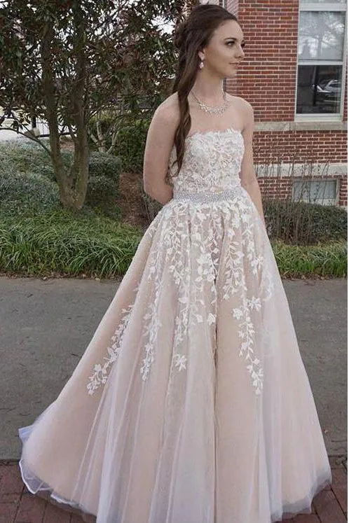 Chic A-line Strapless Floor Length Sleeveless Appliques Long Tulle Prom Dress/Evening Dress OHC229