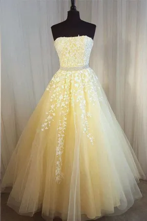 Chic A-line Strapless Floor Length Sleeveless Appliques Long Tulle Prom Dress/Evening Dress OHC229