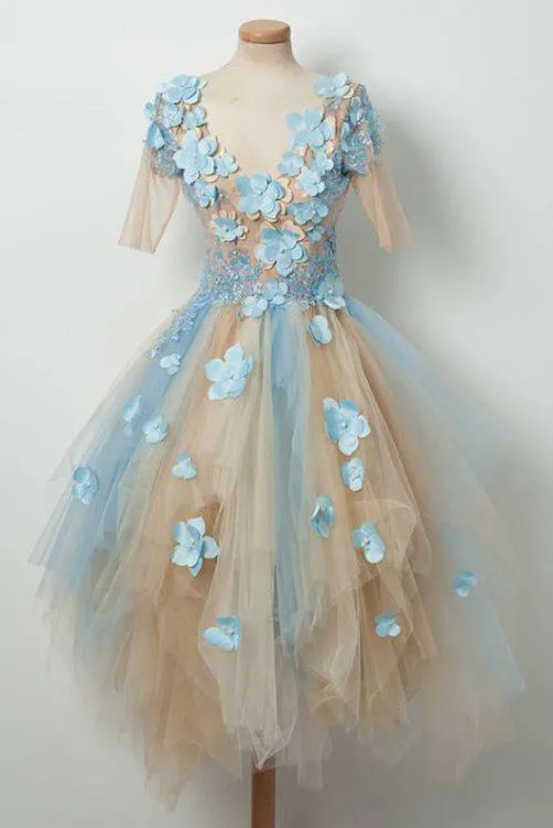 Chic Homecoming Dresses Aline V-neck Half Sleeves Backless Tulle Short Prom Dress Party Dress OHM117