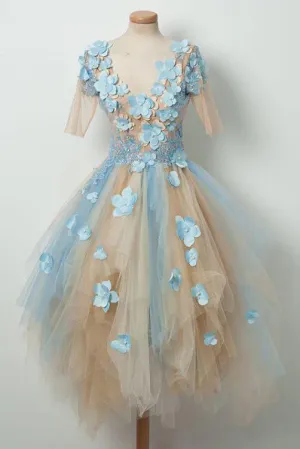 Chic Homecoming Dresses Aline V-neck Half Sleeves Backless Tulle Short Prom Dress Party Dress OHM117