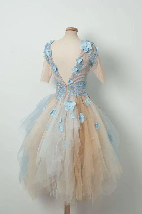 Chic Homecoming Dresses Aline V-neck Half Sleeves Backless Tulle Short Prom Dress Party Dress OHM117
