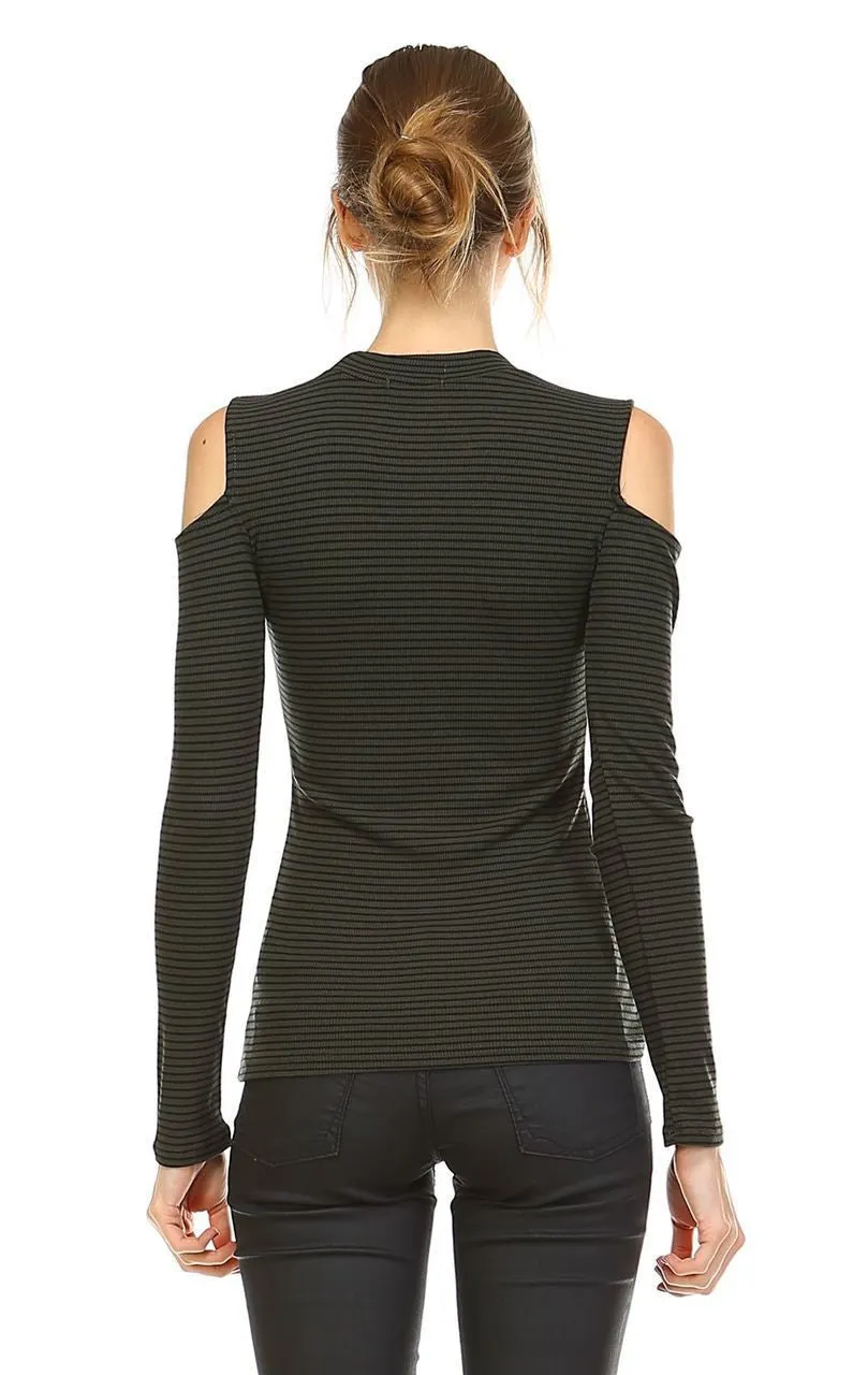 Cold Shoulder Top Long Sleeve Stripe Olive Black