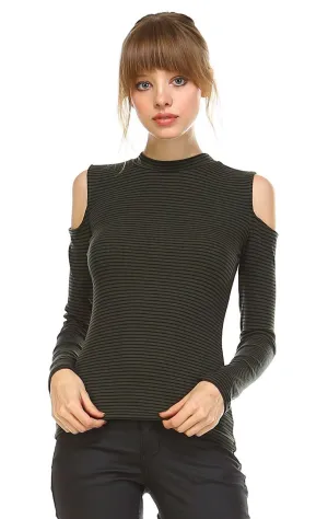 Cold Shoulder Top Long Sleeve Stripe Olive Black