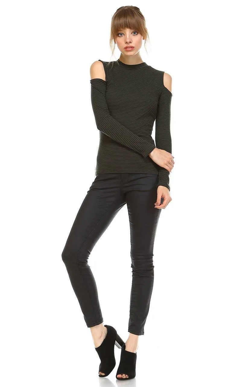 Cold Shoulder Top Long Sleeve Stripe Olive Black