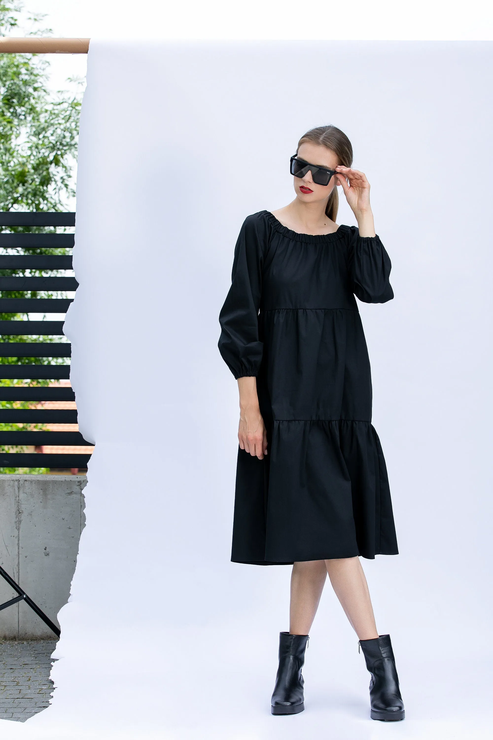 Comfortable Dress, Black Cotton Midi Dress, Loose Fit Dress, Plus Size Clothing, Modest Dress, Long Sleeve Dress in Black, Relaxed Dress