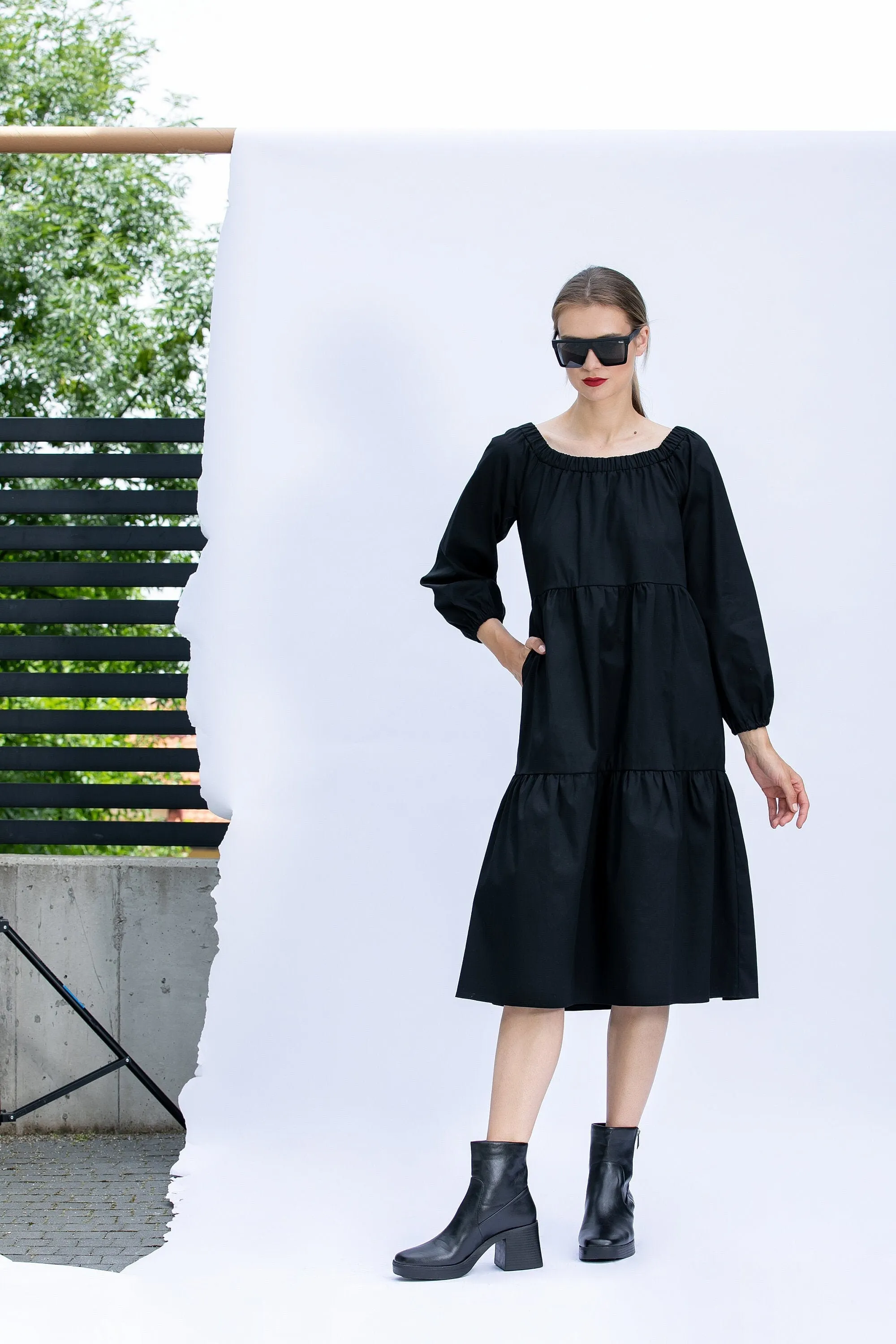 Comfortable Dress, Black Cotton Midi Dress, Loose Fit Dress, Plus Size Clothing, Modest Dress, Long Sleeve Dress in Black, Relaxed Dress