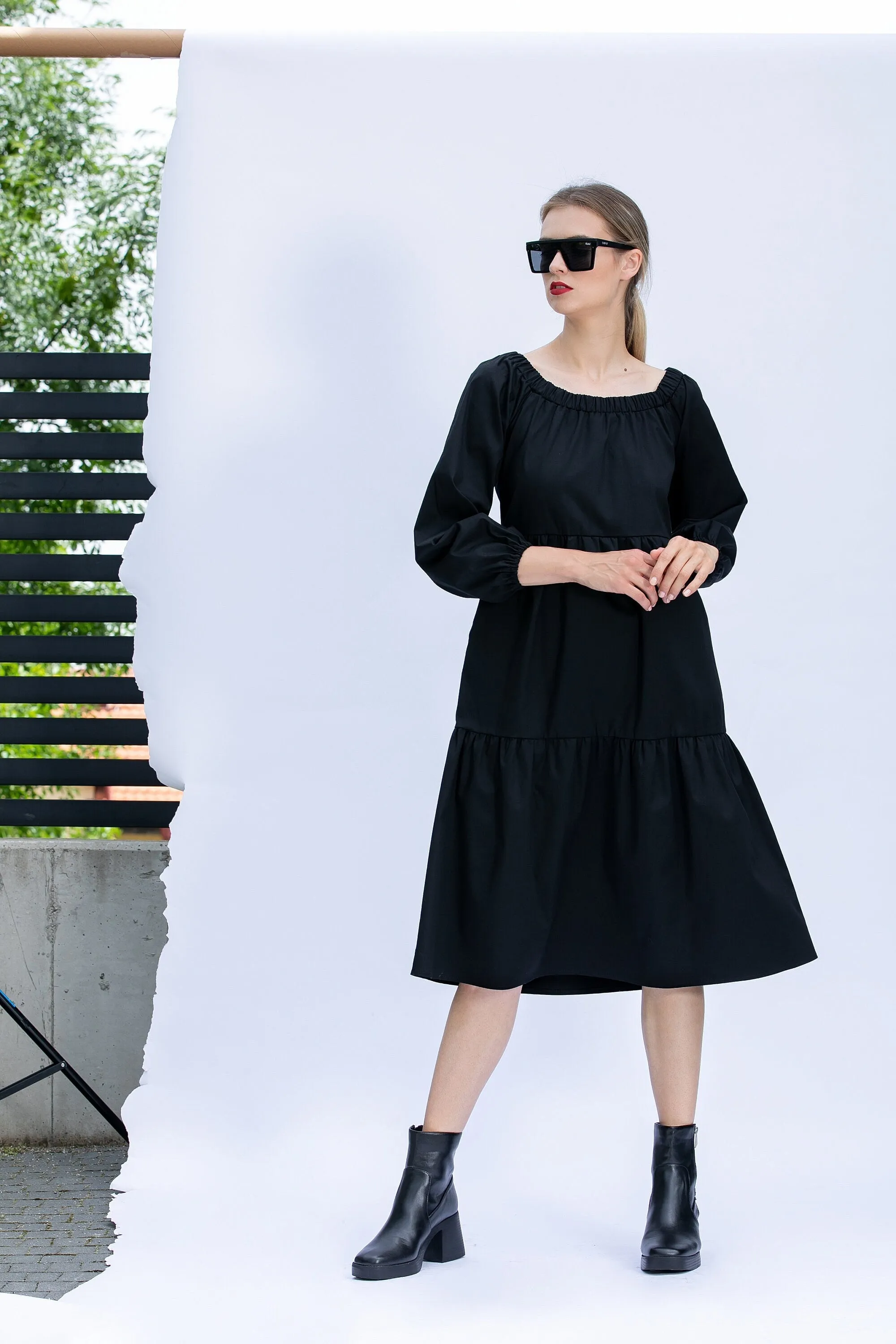 Comfortable Dress, Black Cotton Midi Dress, Loose Fit Dress, Plus Size Clothing, Modest Dress, Long Sleeve Dress in Black, Relaxed Dress